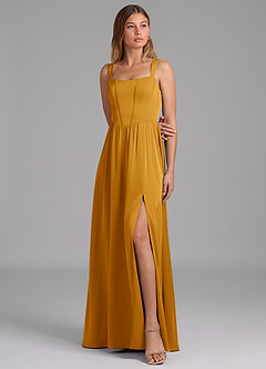 Azazie Rosaline Bridesmaid Dresses Butterscotch A-Line Side Slit Stretch Satin Dress image4