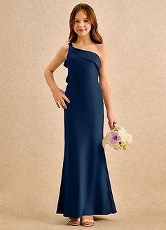 Azazie Almond Girls Formal Blumenmädchenkleider Etui One-Shoulder Stretch-Satin Kleid Dunkelmarine image4