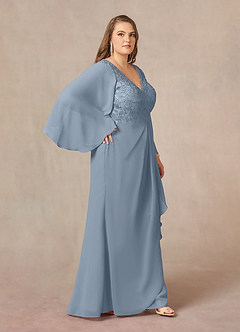 Azazie Perry vestidos de madre de la novia Vestido de Azul Polvoriento de Gasa de Corte Sirena con Encaje cuello pico image10