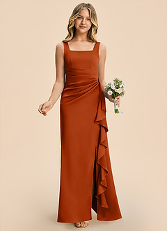 Azazie Adrienne Junior Burnt Orange Sheath Pleated Stretch Satin Dress image4