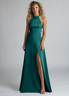 Azazie Clarice Bridesmaid Dresses Peacock A-Line High Neck Stretch Satin Dress image4