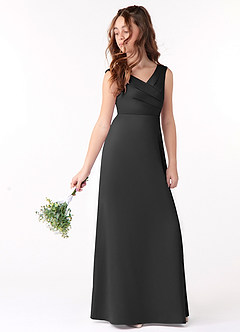 Azazie Sadia Junior Black A-Line Pleated Stretch Satin Dress image1