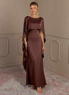 Azazie Eli Mother of the Bride Dresses Espresso Sheath Boatneck Stretch Satin Dress image1
