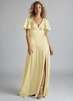 Azazie Kimber Bridesmaid Dresses Lemon Sorbet A-Line Ruched Stretch Satin Dress image3