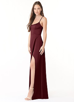 Azazie Halsey Final Sale Cabernet A-Line Side Slit Stretch Satin Dress image4