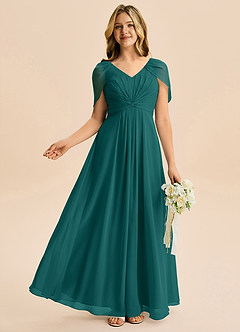 Azazie Emma Junior Robe Trapèze en Mousseline de soie Plissée Paon image5