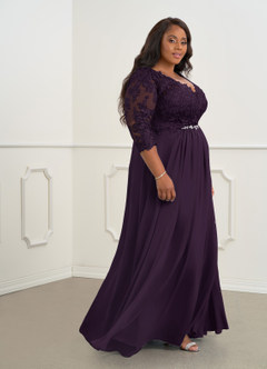 Azazie Hayek Mère de la mariée Robes Robe Trapèze en Mousseline de soie Col V en dentelle Prune image8