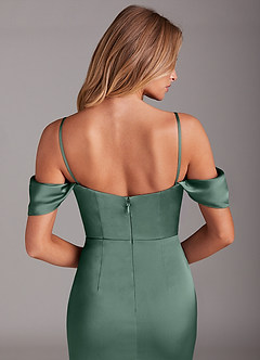 Azazie Saige Bridesmaid Dresses Eucalyptus Sheath Off the Shoulder Stretch Satin Dress image8
