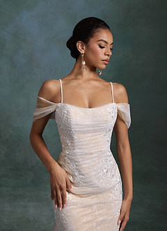 Azazie Ella At-home Try On Dresses Diamond White Champagne Mermaid Sweetheart Neckline Tulle Dress image7