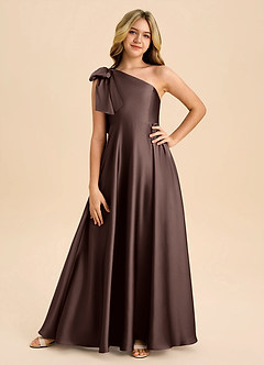 Azazie Penguin Junior A라인 절하다 스트레치 새틴 플로어 길이 주니어 신부 들러리 드레스 image3