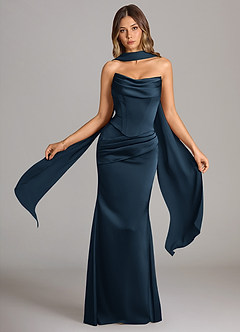 Azazie Sorrel Bridesmaid Dresses Dark Navy Mermaid Strapless Stretch Satin Convertible Dress image1