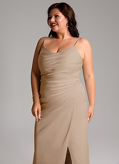 Azazie Deandra Bridesmaid Dresses Taupe Mermaid Pleated Stretch Satin Dress image12