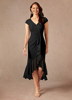 Azazie Renetta Mother of the Bride Dresses Black Sheath V-Neck Pleated Mesh Dress image1