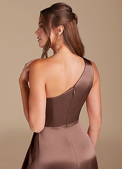 Azazie Brooke Bridesmaid Dresses Espresso A-Line One Shoulder Metallic Satin Dress image6