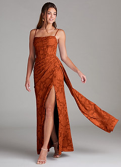 Azazie Denisa Bridesmaid Dresses Paprika Sheath Pleated Floral Burnout Dress image1