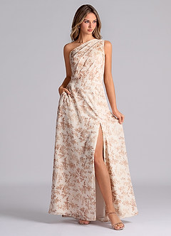 Azazie Phaedra Bridesmaid Dresses Pink Fern Floral A-Line One Shoulder Chiffon Dress image4