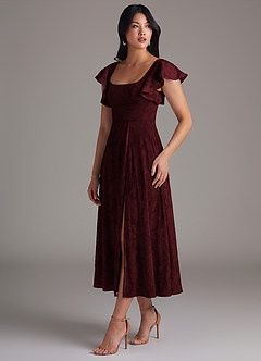 Azazie Bondi Bridesmaid Dresses Cabernet A-Line Ruched Floral Burnout Dress image3