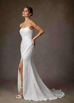 Azazie Tilly Wedding Dresses Diamond White Sheath Off the Shoulder Floral Jacquard Dress image12