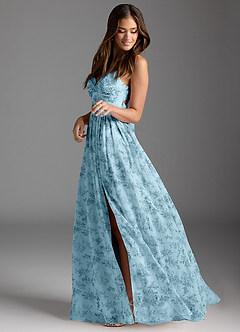 Azazie Zeya Abiti da Damigella Abito A-Line in Chiffon con Scollo a V a Pieghe Blue Fern Floral image2