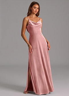 Azazie Olaine Robes de demoiselle d'honneur Robe Trapèze en velours Plissée Rose Poussiéreuse image5
