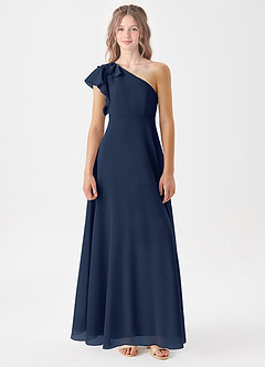 Azazie Arabella Junior Robe Trapèze en Mousseline de soie Rayé Bleu Marine Foncé image3