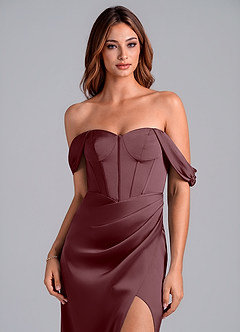 Azazie Asha Bridesmaid Dresses Sangria Sheath Off the Shoulder Stretch Satin Convertible Dress image5