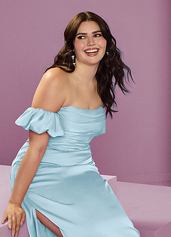 Barbie ♥ Azazie Bridesmaid Dresses Sky Blue Sheath Off the Shoulder Stretch Satin Convertible Dress image16