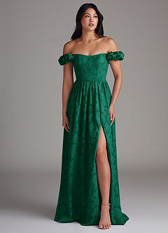 Azazie Autumn Robes de demoiselle d'honneur Robe Trapèze Convertible en Blumen-Burnout Épaule décolletée émeraude image5