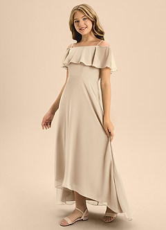 Azazie Maggie Junior Champagne A-Line Off the Shoulder Chiffon Dress image4