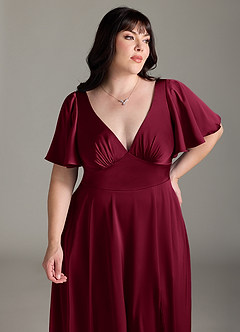 Azazie Kimber Bridesmaid Dresses Burgundy A-Line Ruched Stretch Satin Dress image11