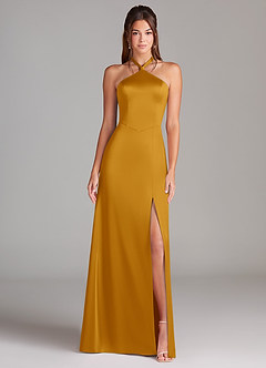 Azazie Elliana Bridesmaid Dresses Butterscotch A-Line Side Slit Stretch Satin Dress image5