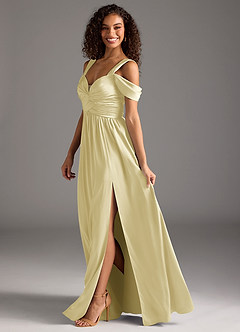 Azazie Lianne Bridesmaid Dresses Lemon Sorbet A-Line Off the Shoulder Stretch Satin Dress image7