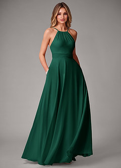 Azazie Amalia Bridesmaid Dresses Emerald A-Line Pleated Chiffon Dress image1