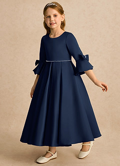 Azazie Eliza Flower Girl Dresses Dark Navy A-Line Pleated Matte Satin Dress image3