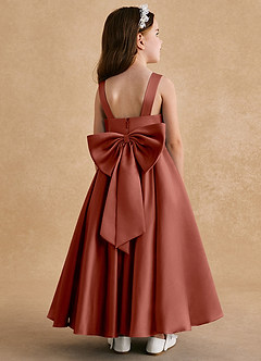 Azazie Honey Bear Flower Girl Dresses Auburn A-Line Pleated Matte Satin Dress image1