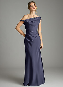 Azazie Emerson Bridesmaid Dresses Stormy Mermaid Off the Shoulder Stretch Satin Dress image1