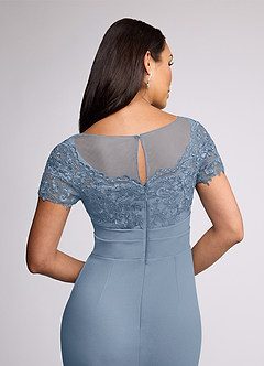 Azazie Susan At-home Try On Dresses Dusty Blue Sheath Lace Stretch Crepe Dress image5