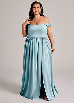 Azazie Calianna Robes de demoiselle d'honneur Robe Trapèze Convertible en Satin extensible Épaule décolletée Bleu Maussade image8