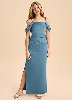 Azazie Saige Junior Osłona Zza ramienia Satyna elastyczna Długość podłogi Młodsza druhna Sukienka image3