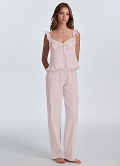 front Woven Cotton Eyelet Ruffle Cami & Wide Leg Pants Cotton Pajama Set