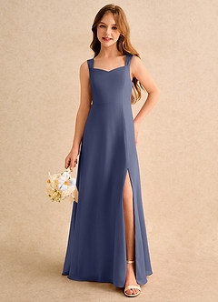 Azazie Makani Girls Formal Robe Demoiselle D'honneur Fillette Robe Trapèze en Mousseline de soie Encolure en Forme de Cœur Bleu Orageux image5