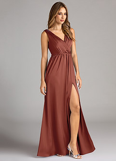 Azazie Tanicia Bridesmaid Dresses Auburn A-Line Pleated Stretch Satin Dress image4