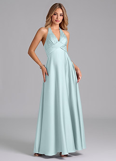 Azazie Tessie Bridesmaid Dresses Sea Glass A-Line Pleated Stretch Satin Dress image4