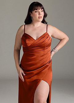 Azazie Yola Bridesmaid Dresses Paprika Sheath V-Neck Pleated Stretch Satin Convertible Dress image22