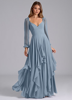 Azazie Karan At-home Try On Dresses Dusty Blue A-Line Long Sleeve Chiffon Dress image1