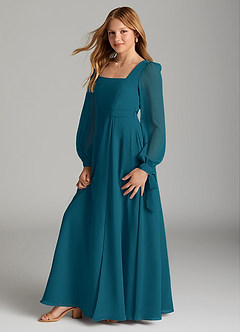 Azazie Leonia Junior Ink Blue A-Line with Pockets Chiffon Dress image4