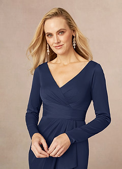 Azazie Risa Mère de la mariée Robes Robe Sirène en Maille Col V plissé Bleu Marine Foncé image4