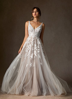 Azazie Sorella Wedding Dresses Diamond White Sand A-Line V-Neck Sequins Tulle Dress image1