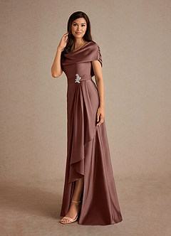 Azazie Branford Mother of the Bride Dresses Espresso A-Line Pleated Stretch Satin Dress image2