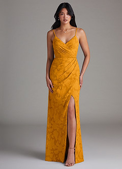 Azazie Maci Bridesmaid Dresses Butterscotch Sheath Pleated Floral Burnout Dress image1